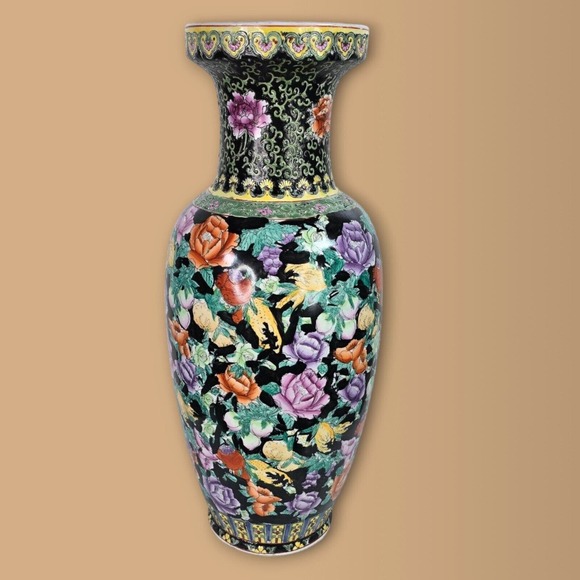 Big VTG Chinese Hand‎ painted Millefleur, Famille Flowers 24.5 In Porcelain Vase - Picture 6 of 14